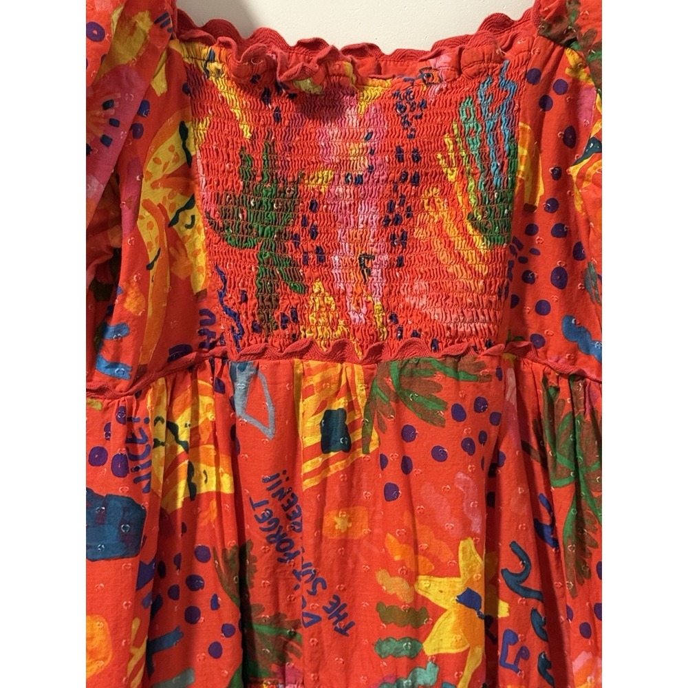 Farm Rio Good Vibes Cotton Midi Dress Puff Sleeve Smocked Tropical Resort Boho L - Picture 10 of 15